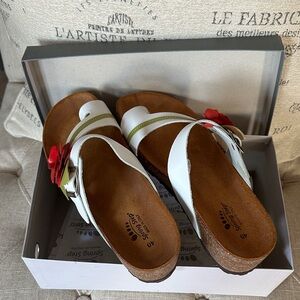 Spring Step White Leather Slide Sandals with Red Floral Accent